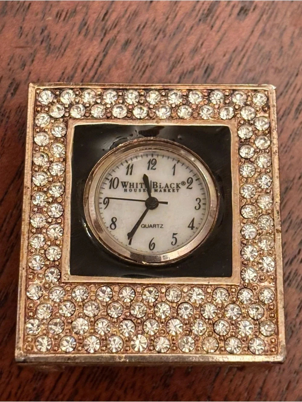 BLING SET CARD HOLDER AND CLOCK IN BLACK WITH RHINESTONES IN GOOD CONDITION